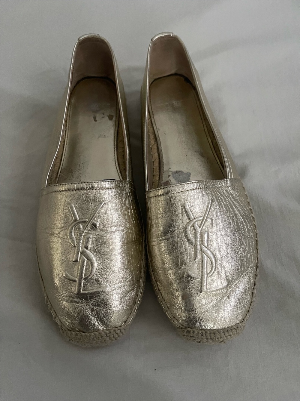Yves Saint Laurent Silver Leather Espadrille Slip-Ons